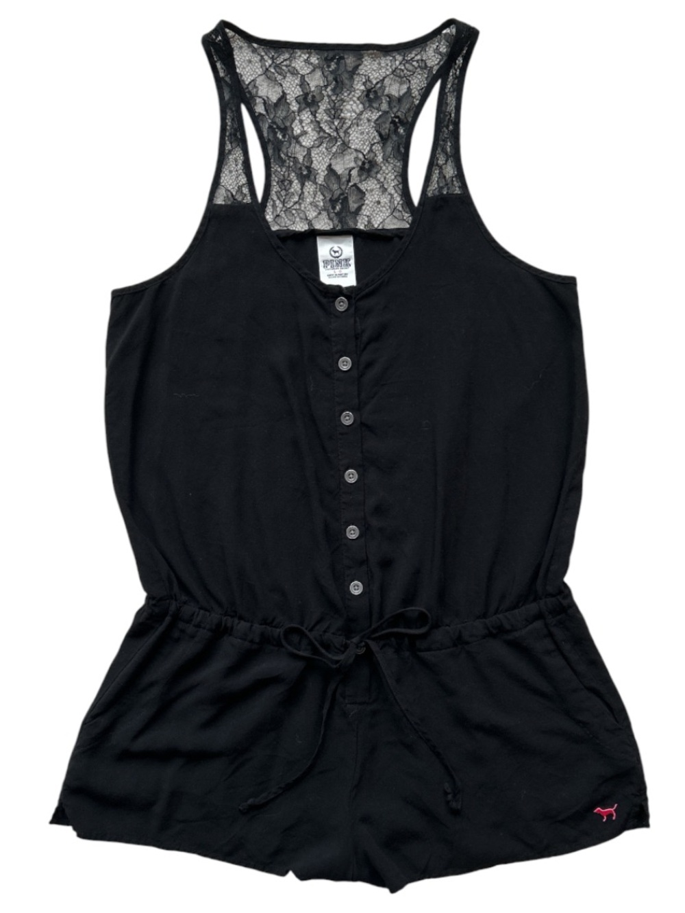 VS Pink Button Front Lace Racerback Romper with Pockets Size Large GUC